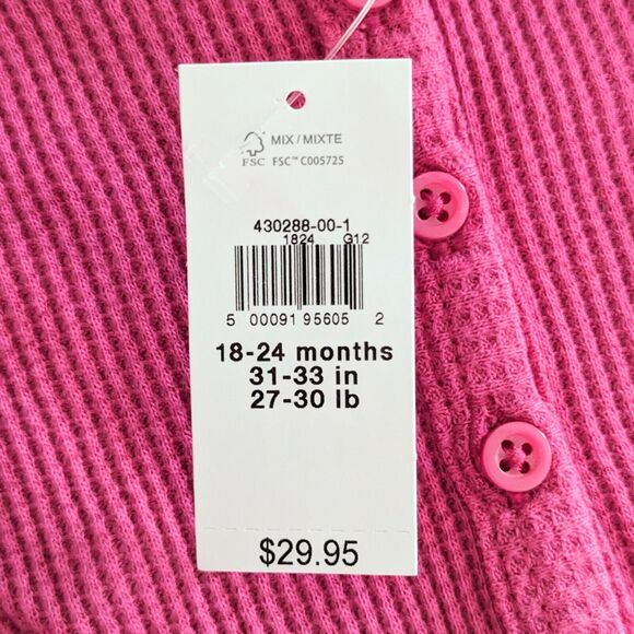 GAP Henley Dress 18-24 Months Long Sleeve Pink Waffle Knit Preppy Cottage Cozy - Picture 6 of 10